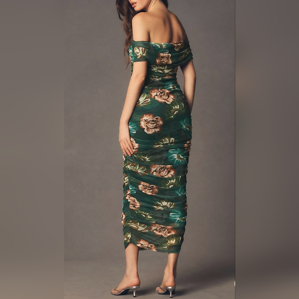 BHLDN Off-Shoulder Gathered Stretch Mesh Slim Midi Dress, Green Pattern, $268.00 - Picture 2 of 11